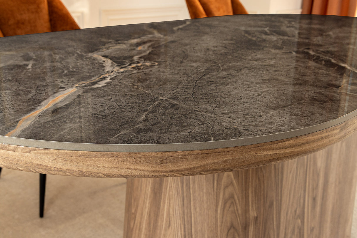 Dining table UNIQUE 200cm oval frame walnut wood verneered ceramic grey marble top