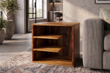 Side table CUBUS 45cm w/ open storage shelves sheesham wood brown stone finish