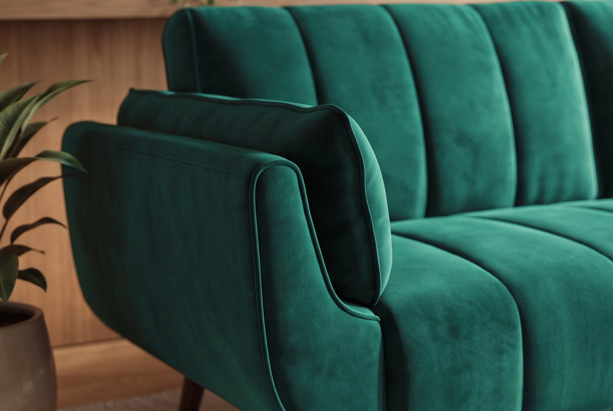 Sofa bed DIVANI 220cm 3-seater w/ armrest cushions velvet emerald green wood feet