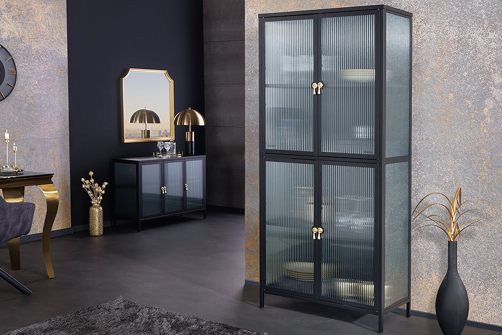 Vitrine AMSTERDAM 180cm Riffelglas schwarz