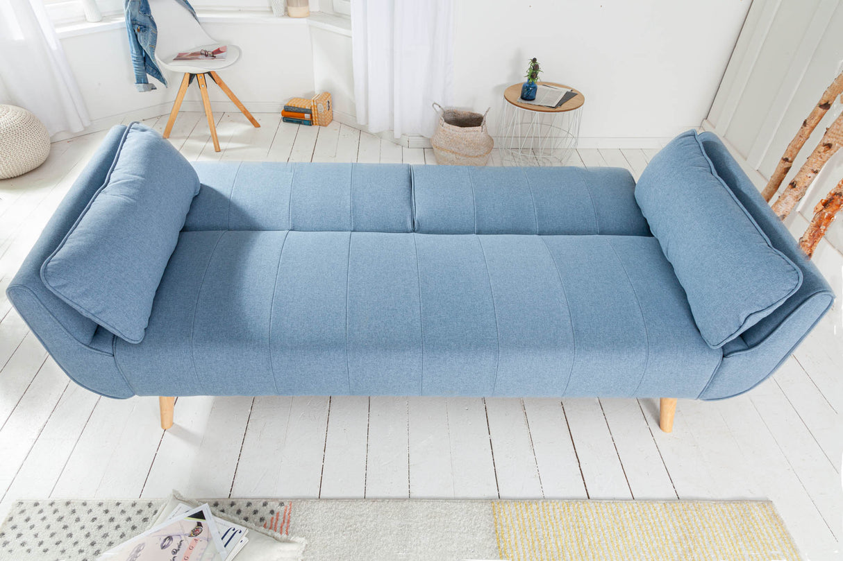 Sofa bed DIVANI 215cm with armrests textured fabric light blue