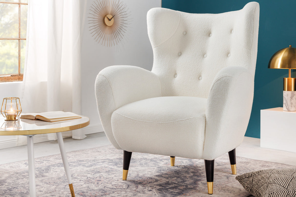 Wing chair DON w/ golden caps bouclé white