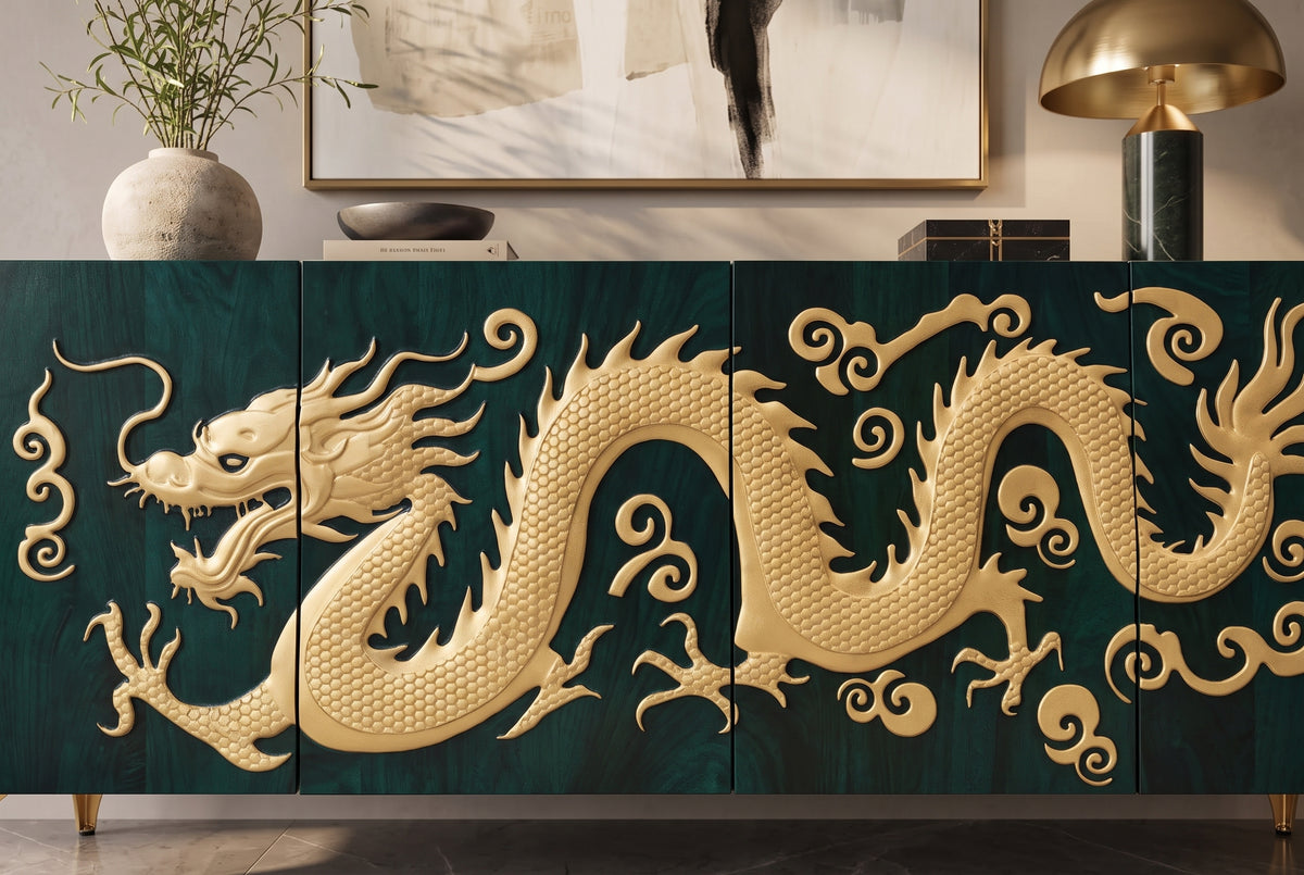 Sideboard DRAGON 180cm 3D dragon front mango wood turquoise w/ gold coloured details