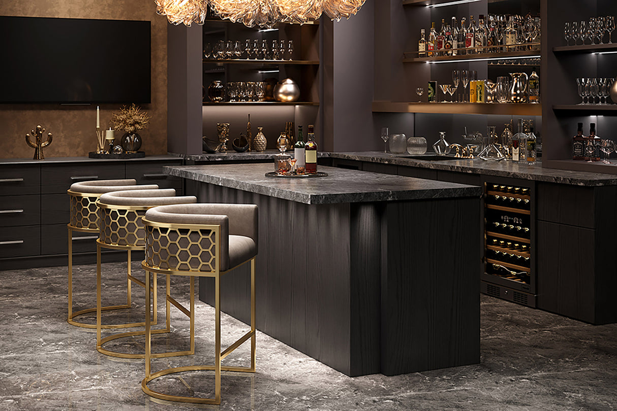 Barhocker ELEGANCE Samt beige mit goldenem Edelstahlgestell