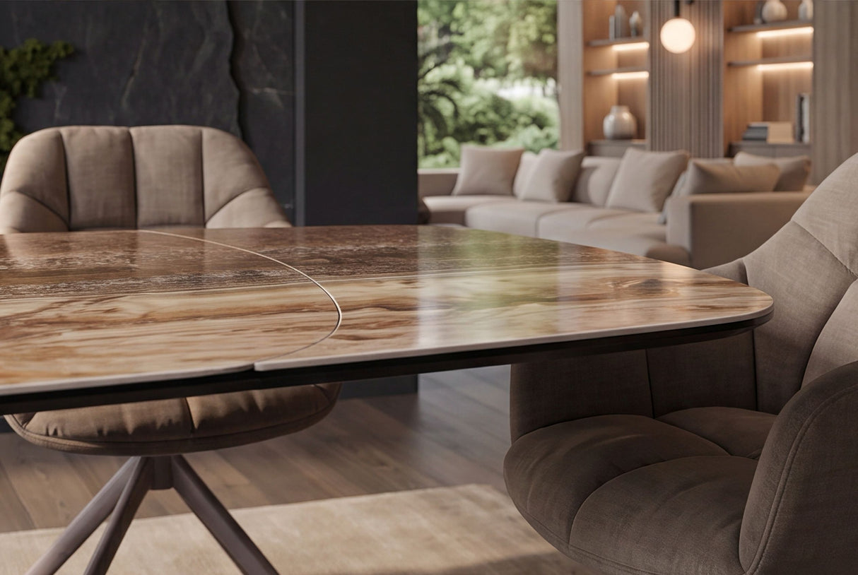 Dining table INFINITY 180-220-260cm boat-shaped extendable spanish onyx ceramic rust brown