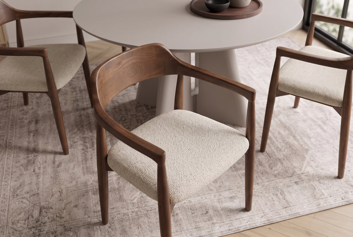 Chair KENNEDY upholstered seat w/ armrests recyled pine wood brown smoke and textured fabric creamy