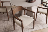 Chair KENNEDY upholstered seat w/ armrests recyled pine wood brown smoke and textured fabric creamy