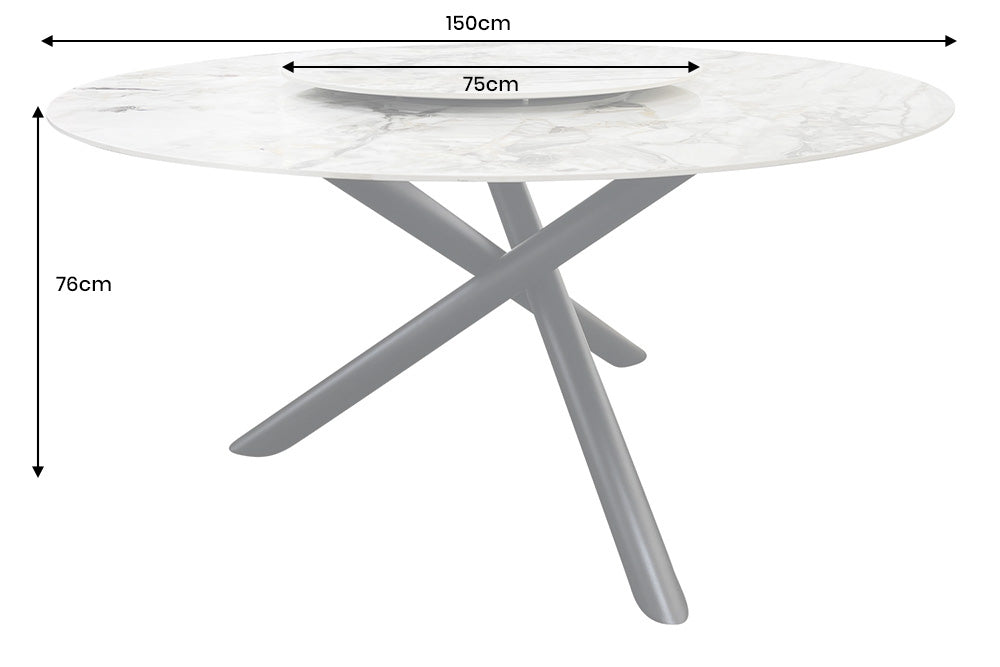 Dining table SPIN Ø 150cm rotatable with removable platter ceramic marble look white multicoloured