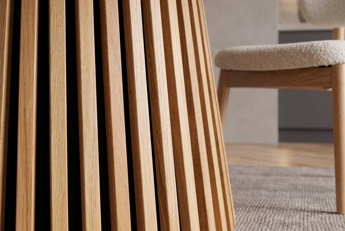 Dining table VALHALLA WOOD Ø 140cm round fluted pedestal base oak wood veneered natural