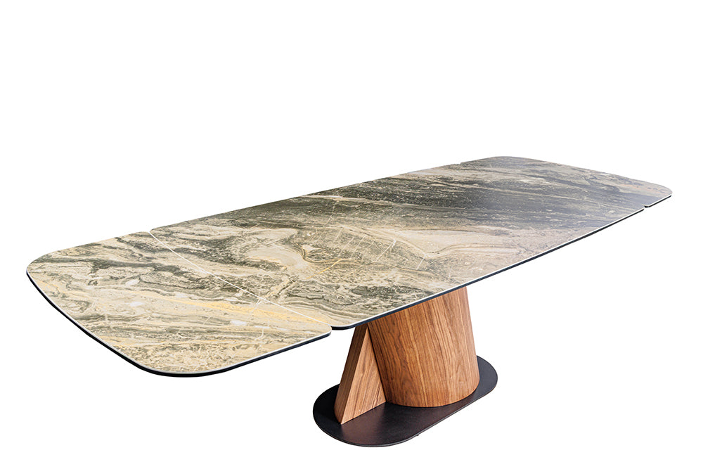 Esstisch ELEMENTS 180-260cm ausziehbar Gestell Walnuss natur mit Keramik taupe beige Marmorplatte