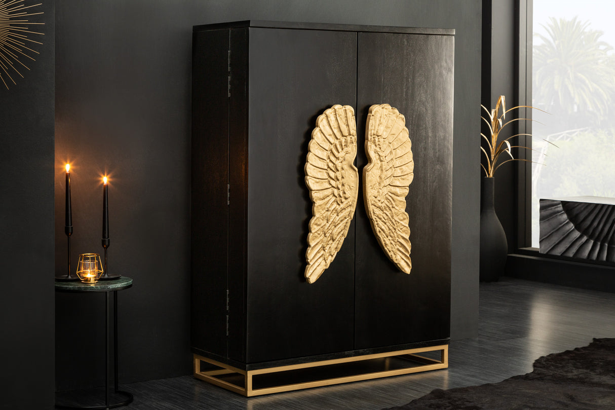 Barschrank ANGEL 140cm mit goldenen Flügeln Mangoholz schwarz