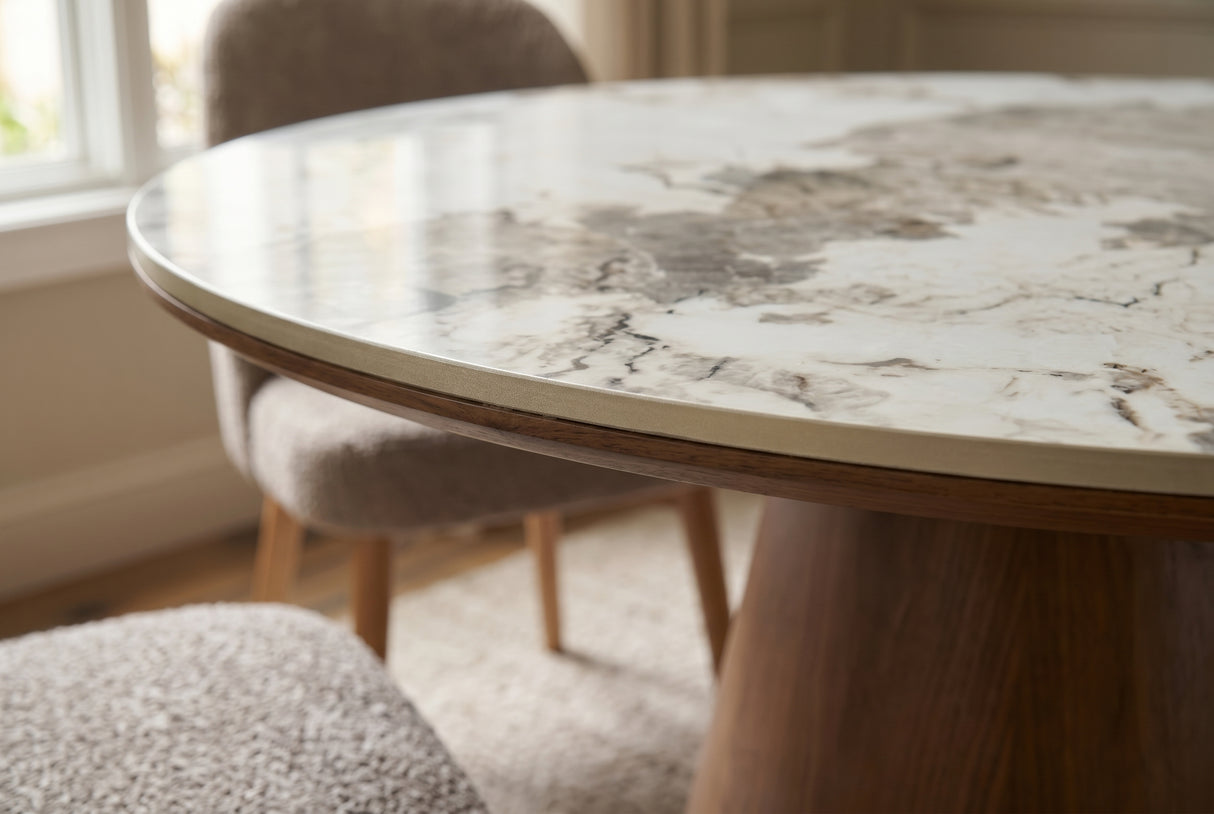 Dining table UNIQUE 120cm round oak wood verneered w/ pandora ceramic top white marble