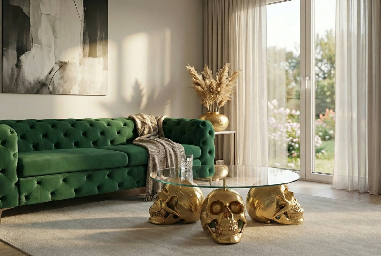 Coffee table SKULL 90cm movable skulls gold 8mm tempered glass