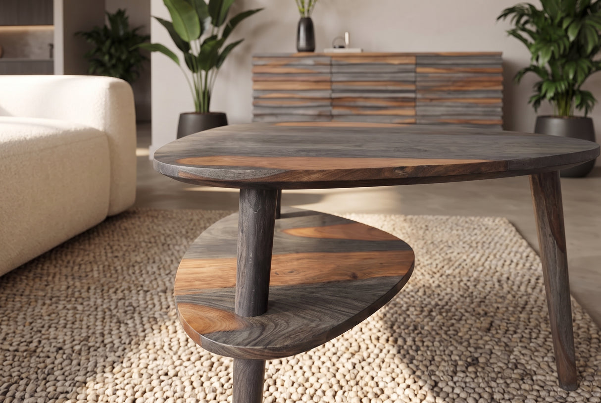 Coffee table ORGANIC LIVING 55cm w/ storage space sheesham wood grey smoke finish