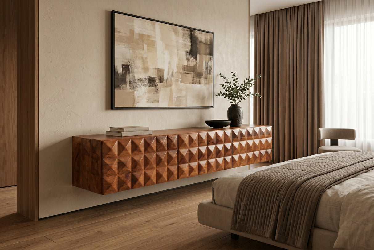 TV-Board VULCANO 160cm 3D hängend m. Kabeldurchlass Mangoholz natur