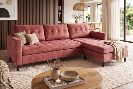 Corner sofa STOCKHOLM 220cm 3-seater w/ ottoman button tufted look velvet dusky pink