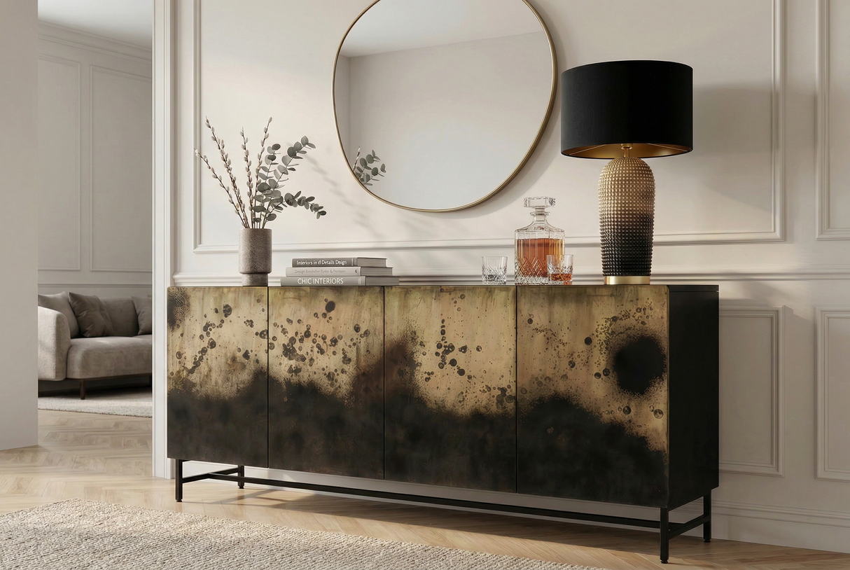 Sideboard OXID 180cm Metall schwarz gold massives Mangoholz