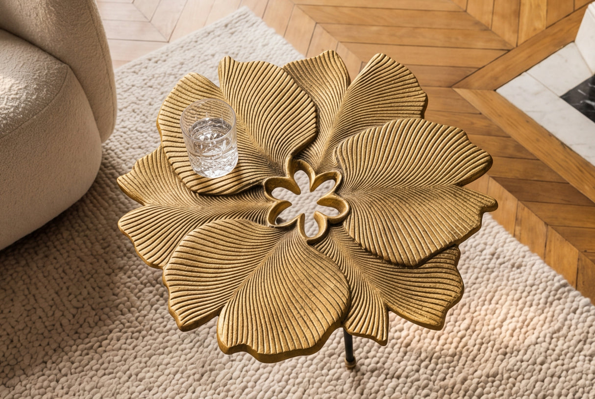 Coffee table GINKGO LEAVES 55cm gold with black legs