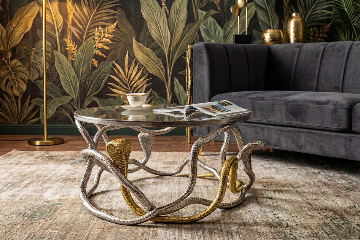 Coffee table COBRA 70 cm silver gold with glass plate