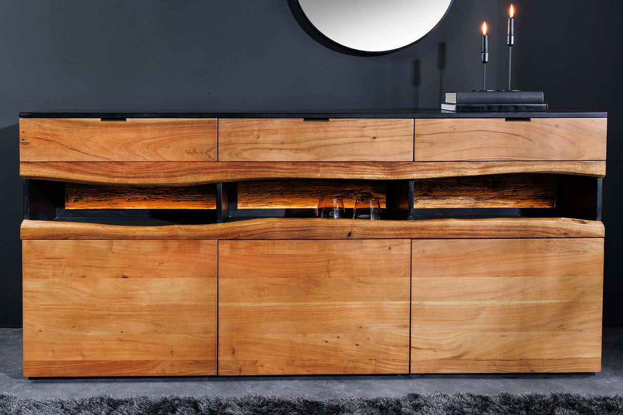 Sideboard GRAND ACACIA 180 cm Akazienholz, naturbelassene Kante, mit LED-Beleuchtung