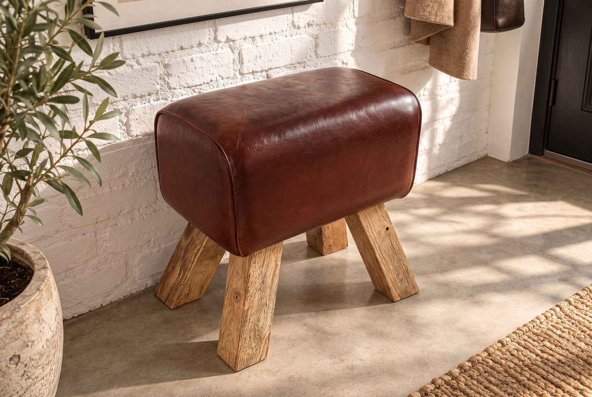 Stool TURNBOCK 40cm upholstered seat mango wood natural genuine leather coffee brown