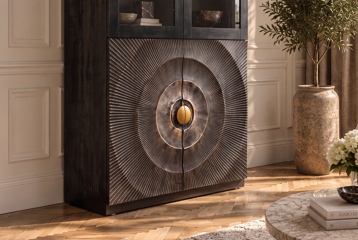 Highboard GOLDEN SUNSET 180cm 3D w/ glass doors mango wood black gold