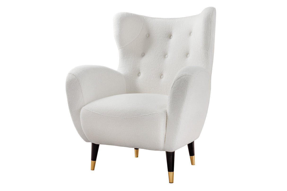 Wing chair DON w/ golden caps bouclé white