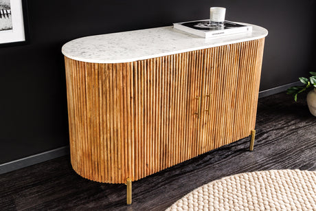 Sideboard TRES CHIC 105cm Mangoholz natur mit weißer Marmorplatte und goldenen Griffen