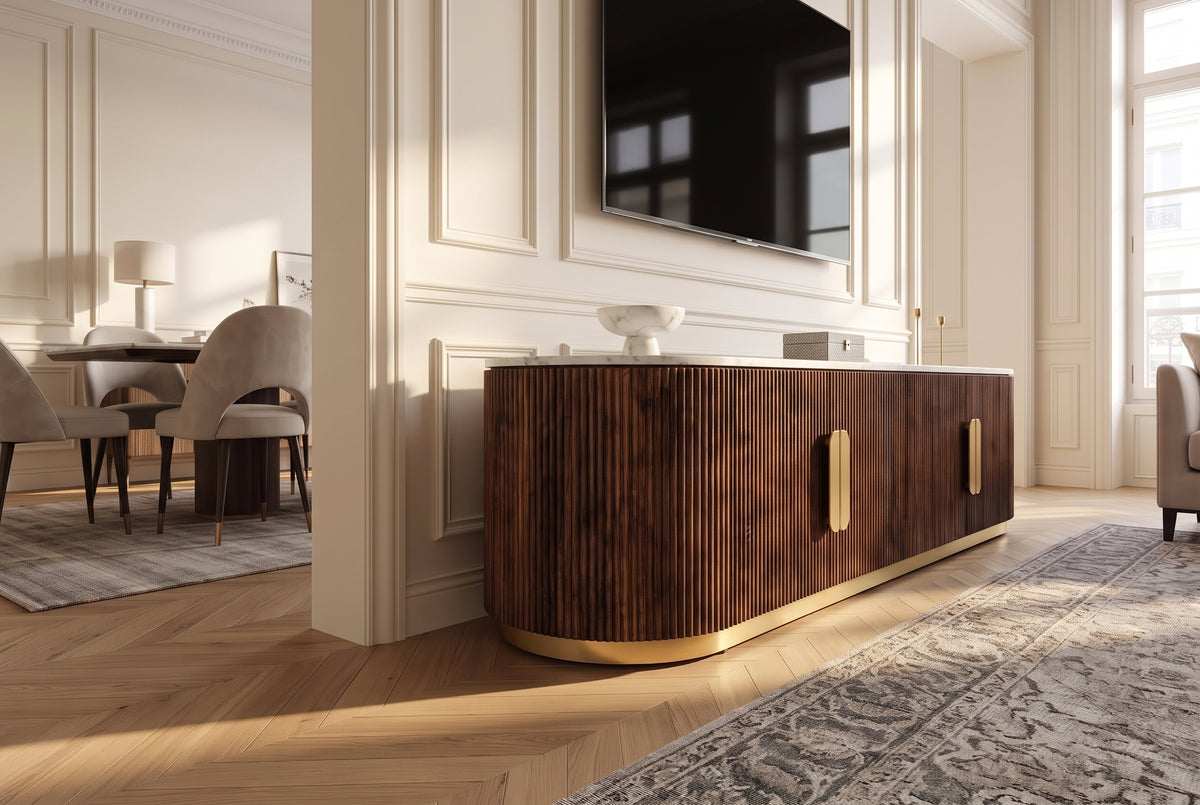 TV-Board GATSBY 170cm Retro Stil Mangoholz Marmorplatte weiß braun gold