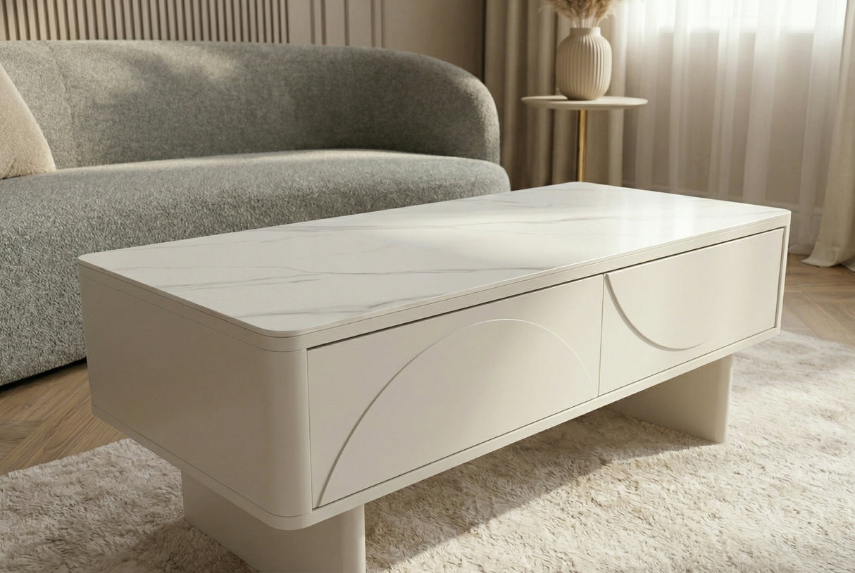 Couchtisch SAVOY 120 cm 3D weiß mit weißer Marmorkeramikplatte