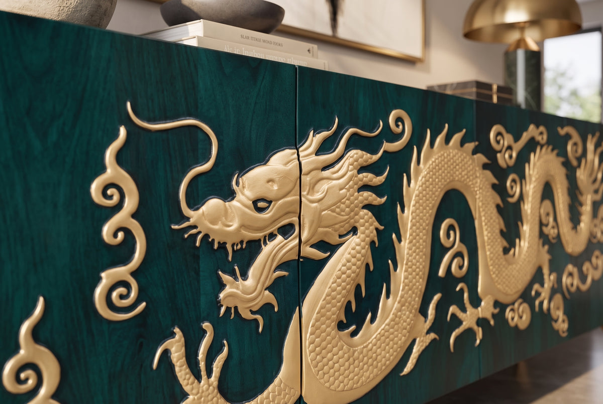 Sideboard DRAGON 180cm 3D dragon front mango wood turquoise w/ gold coloured details