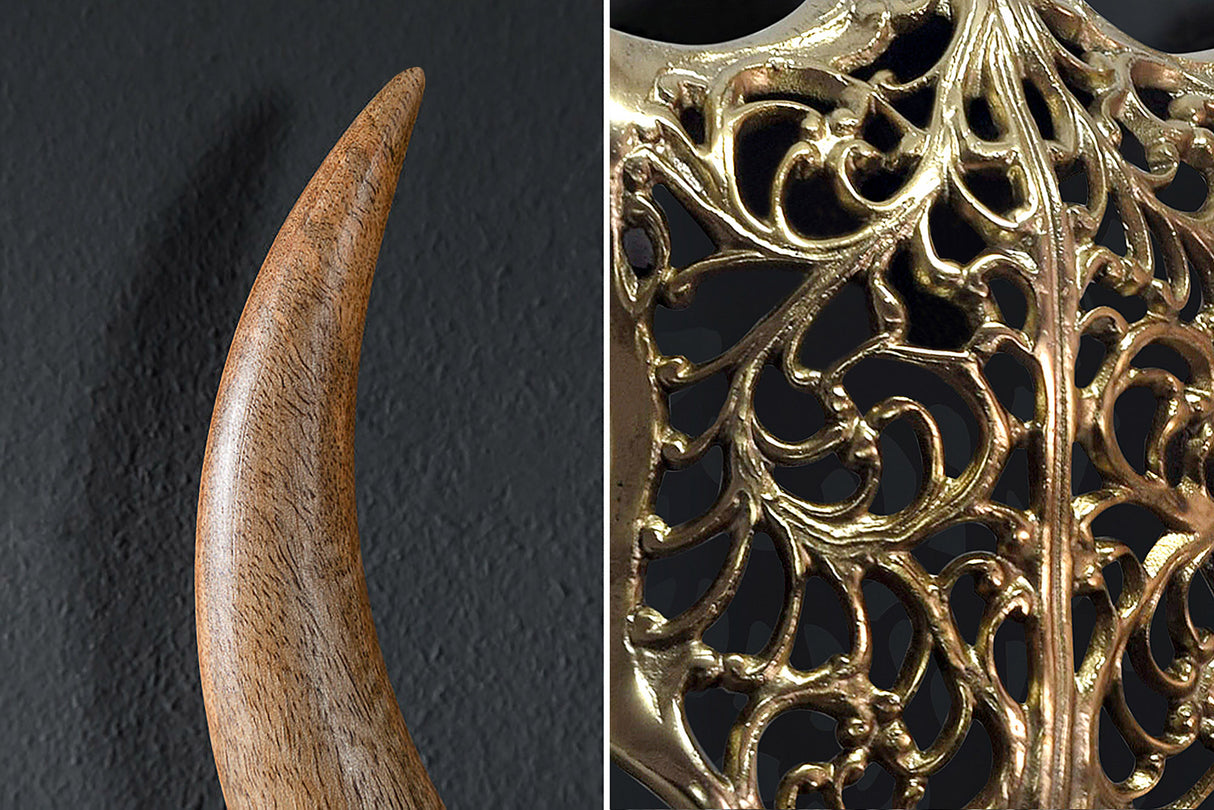 Wanddekoration EXOTIC BULL 60cm Mangoholz und Metall naturgold handgefertigt