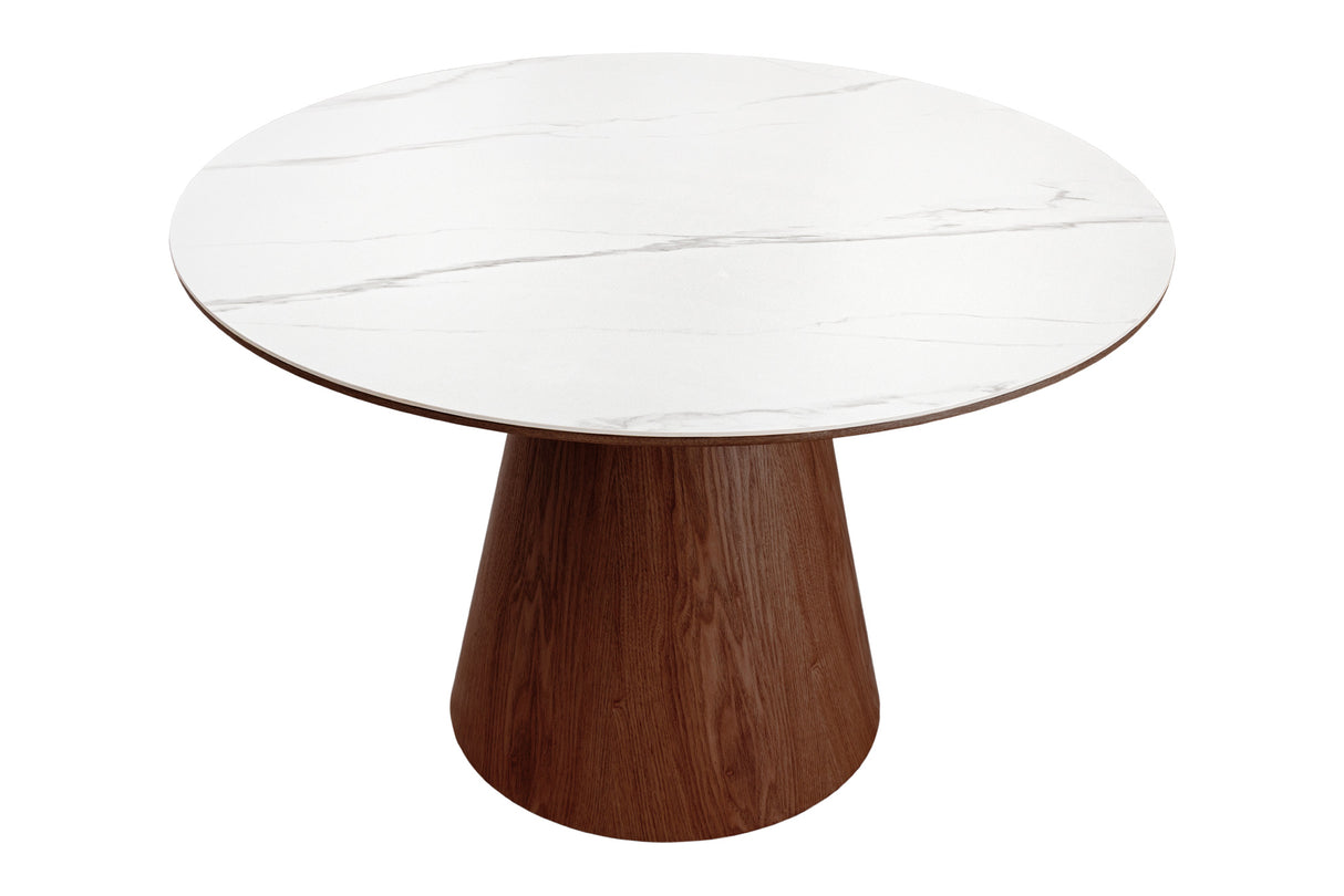 Dining table UNIQUE 120cm round walnut wood verneered ceramic white marble top