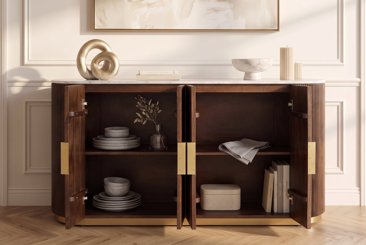 Sideboard GATSBY 140cm mango wood brown marble top white