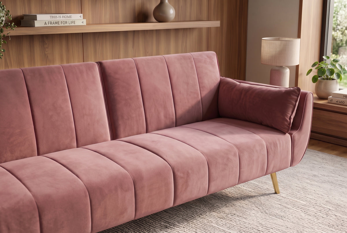Schlafsofa DIVANI 220cm mit Armlehnenkissen Samt altrosa Metallfüße gold