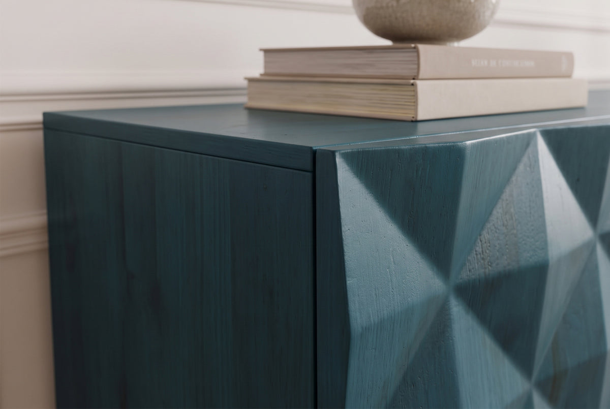 Sideboard VULCANO 180cm 3D front mango wood turquoise w/ gold metal frame