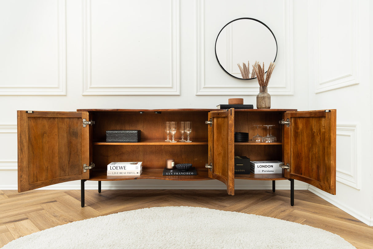 Sideboard GRANDEUR 180cm 3D Retro-Stil Mangoholz braun mit schwarzen Metallbeinen