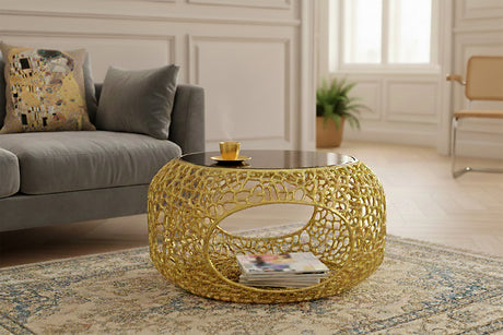 Couchtisch SPIN 75 cm, Sockel aus gehärtetem schwarzem Glas, Gold