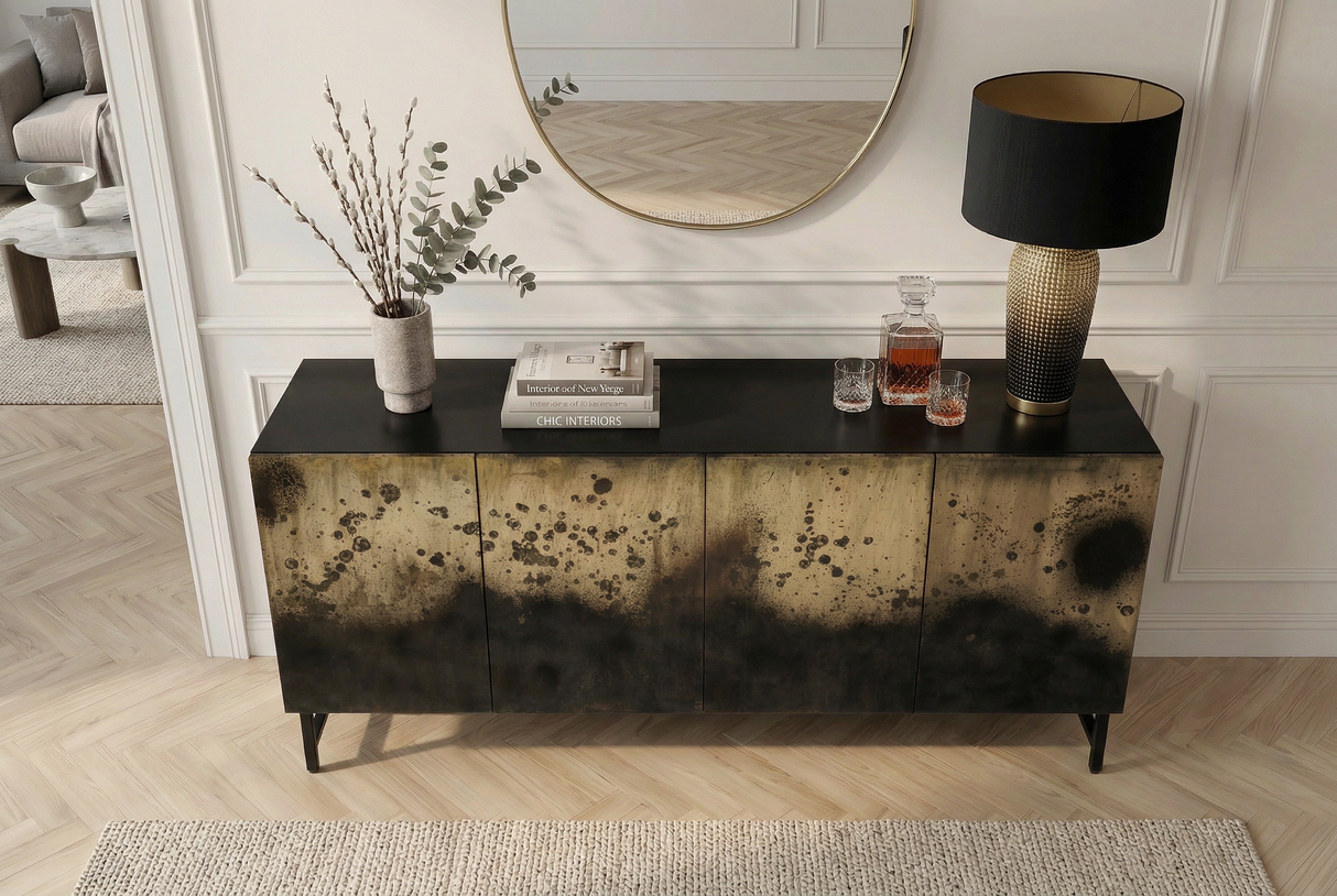 Sideboard OXID 180cm Metall schwarz gold massives Mangoholz