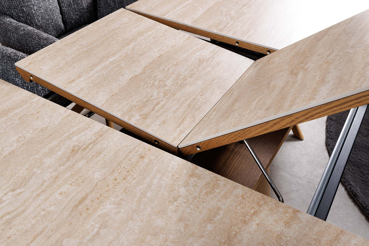 Dining table UNIQUE 160-200cm extendable oak wood look ceramic top travertine