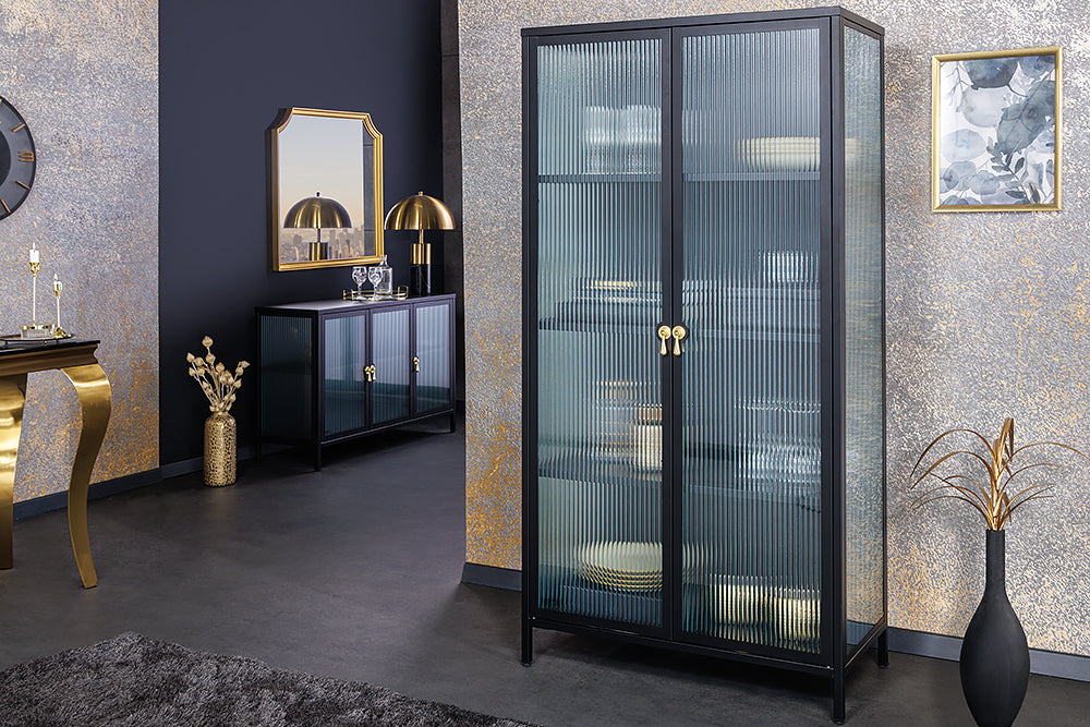 Vitrine AMSTERDAM 160cm Riffelglas schwarz