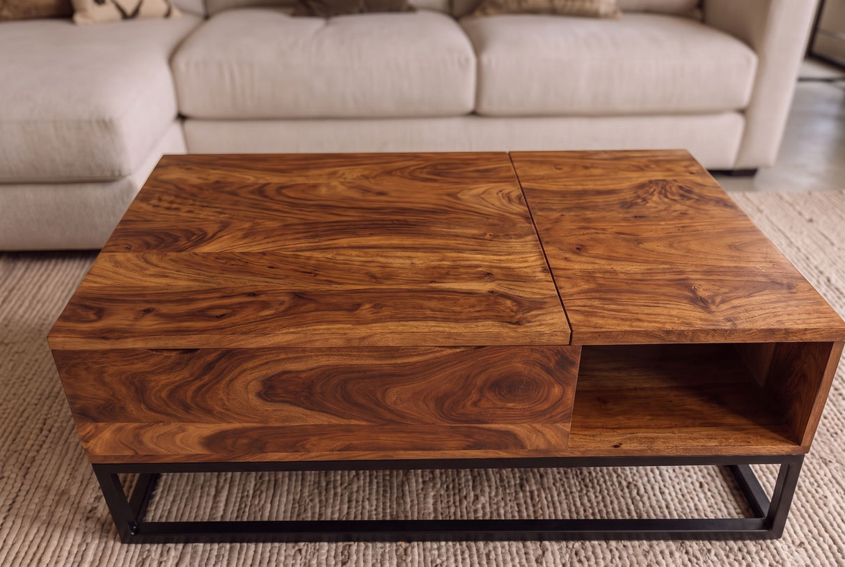 Coffee table MAKASSAR FUNCTION 110cm height adjustable sheesham natural
