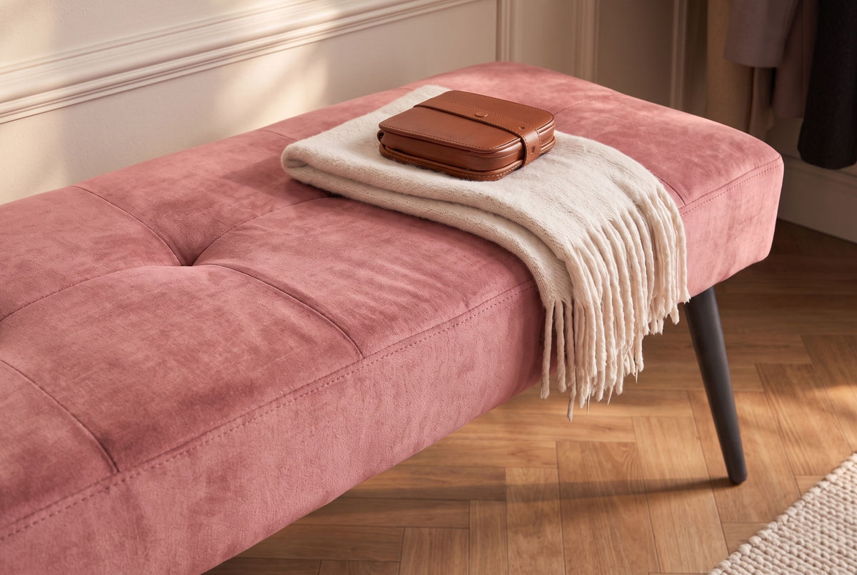 Bench BOUTIQUE 100cm button tufted look velvet dusky pink w/ black metal legs