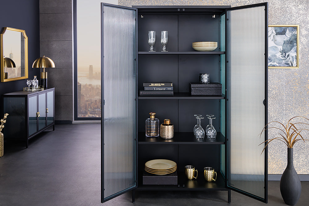 Vitrine AMSTERDAM 160cm Riffelglas schwarz