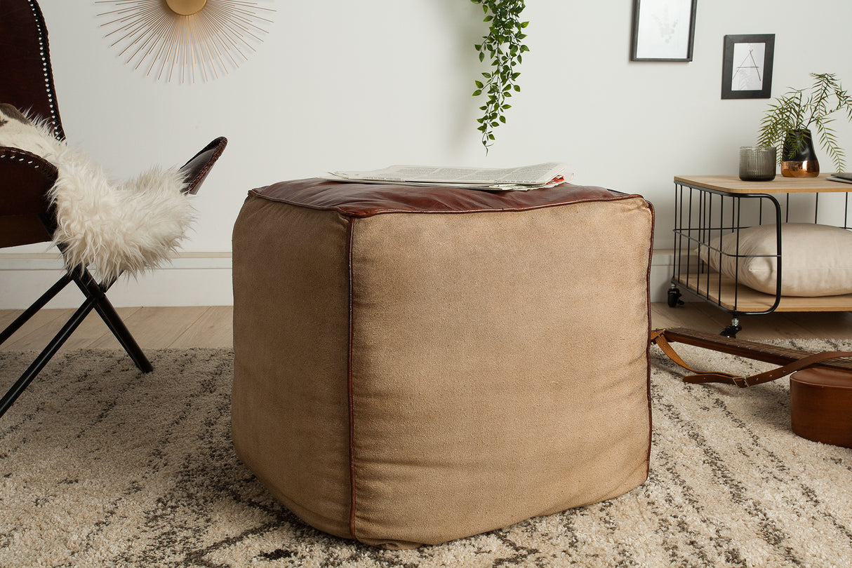 Footstool MUSTANG 45cm genuine leather and linen brown