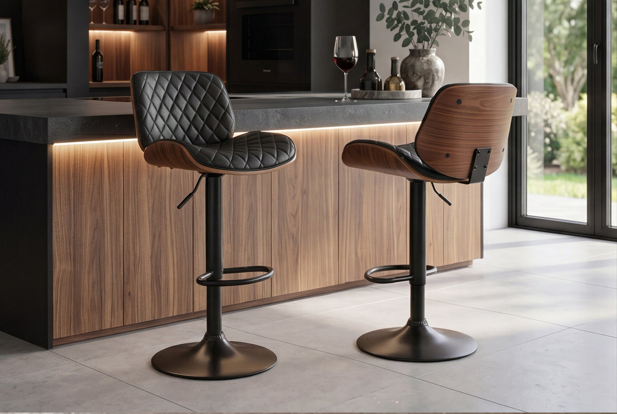 Barhocker CHICAGO 360° 89-111cm Pappel furniert Kunstleder schwarz braun