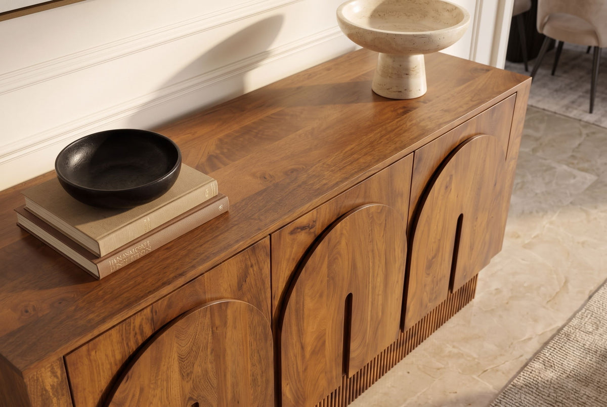 Sideboard ARCADIA 160cm arched front fluted pedestal base mango wood brown