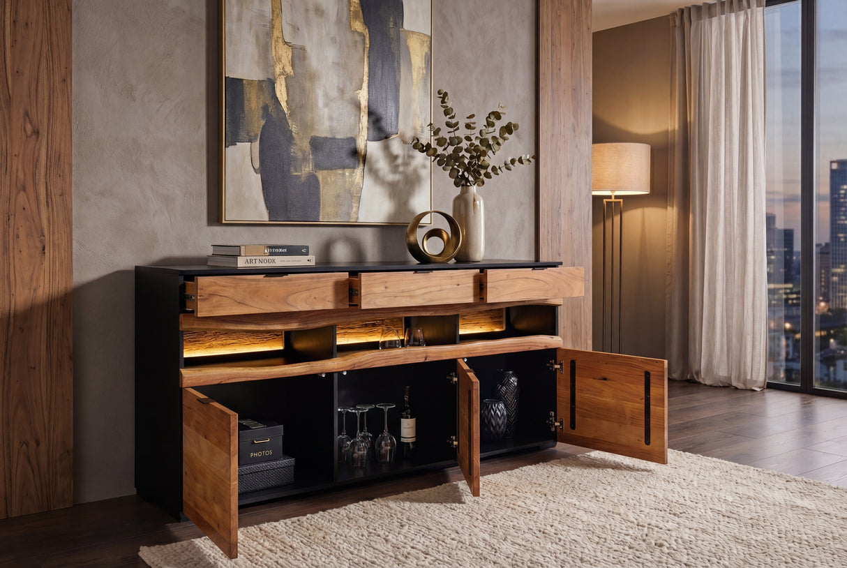 Sideboard GRAND AKAZIE 180cm Akazienholz Naturkante mit fernbedienbarer LED-Beleuchtung