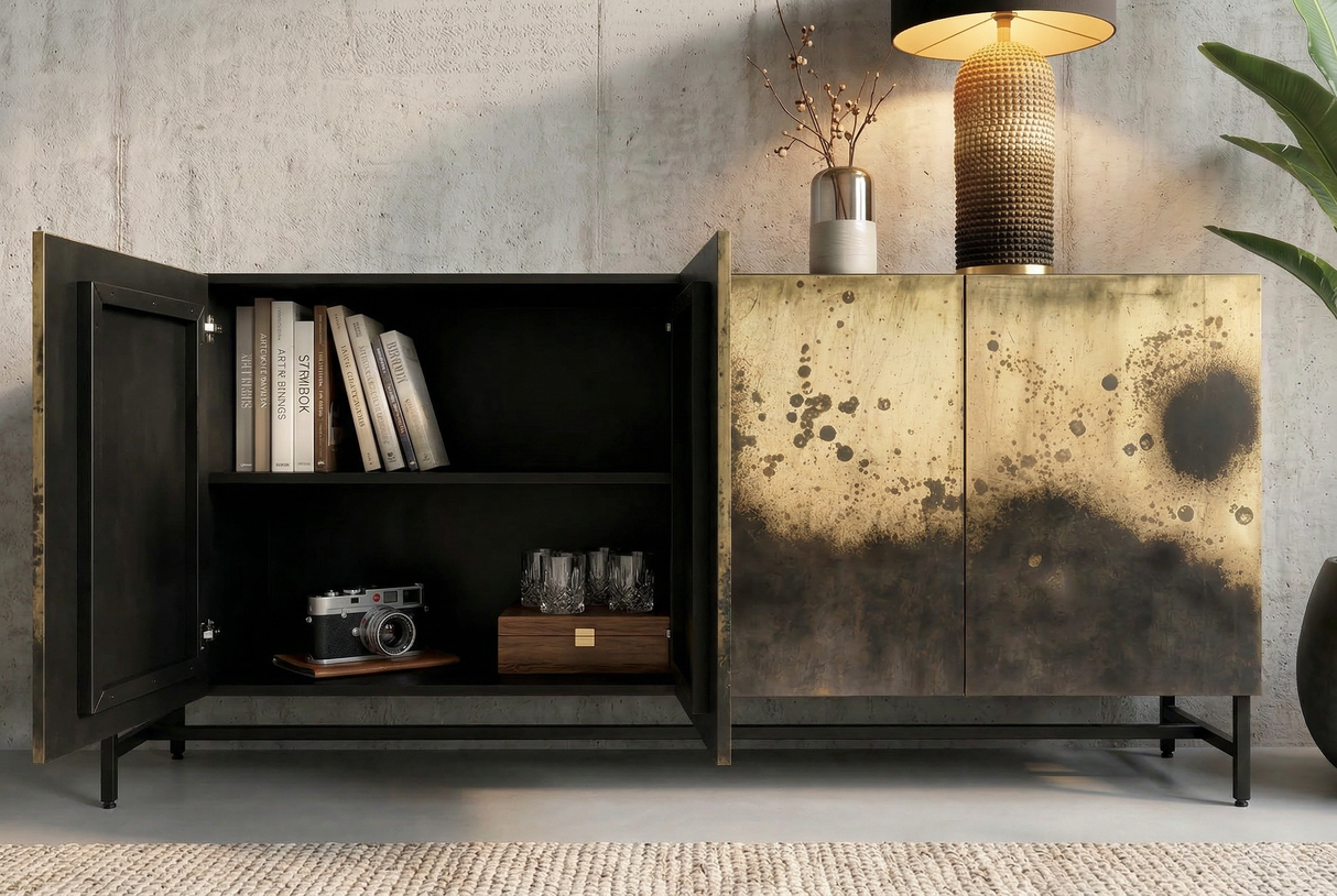 Sideboard OXID 180cm Metall schwarz gold massives Mangoholz