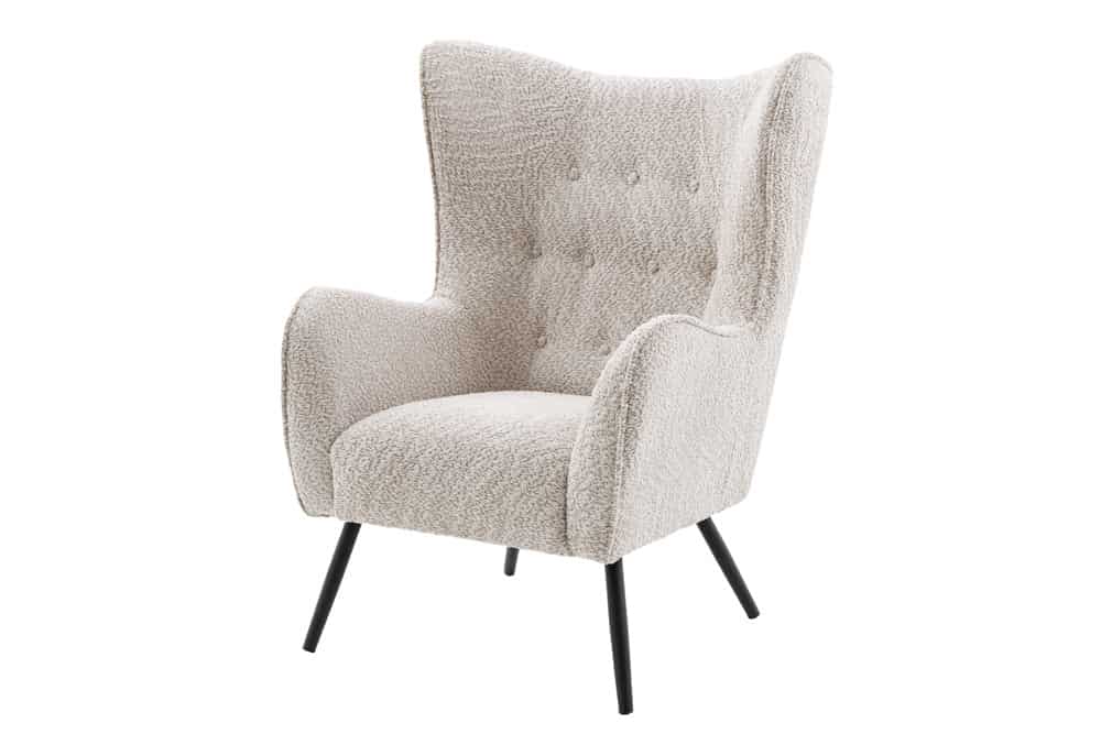 Wing chair AMSTERDAM bouclé greige black metal legs